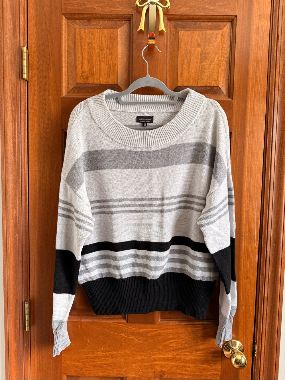 Lucky Brand Gray, Black & White Striped Crewneck Sweater